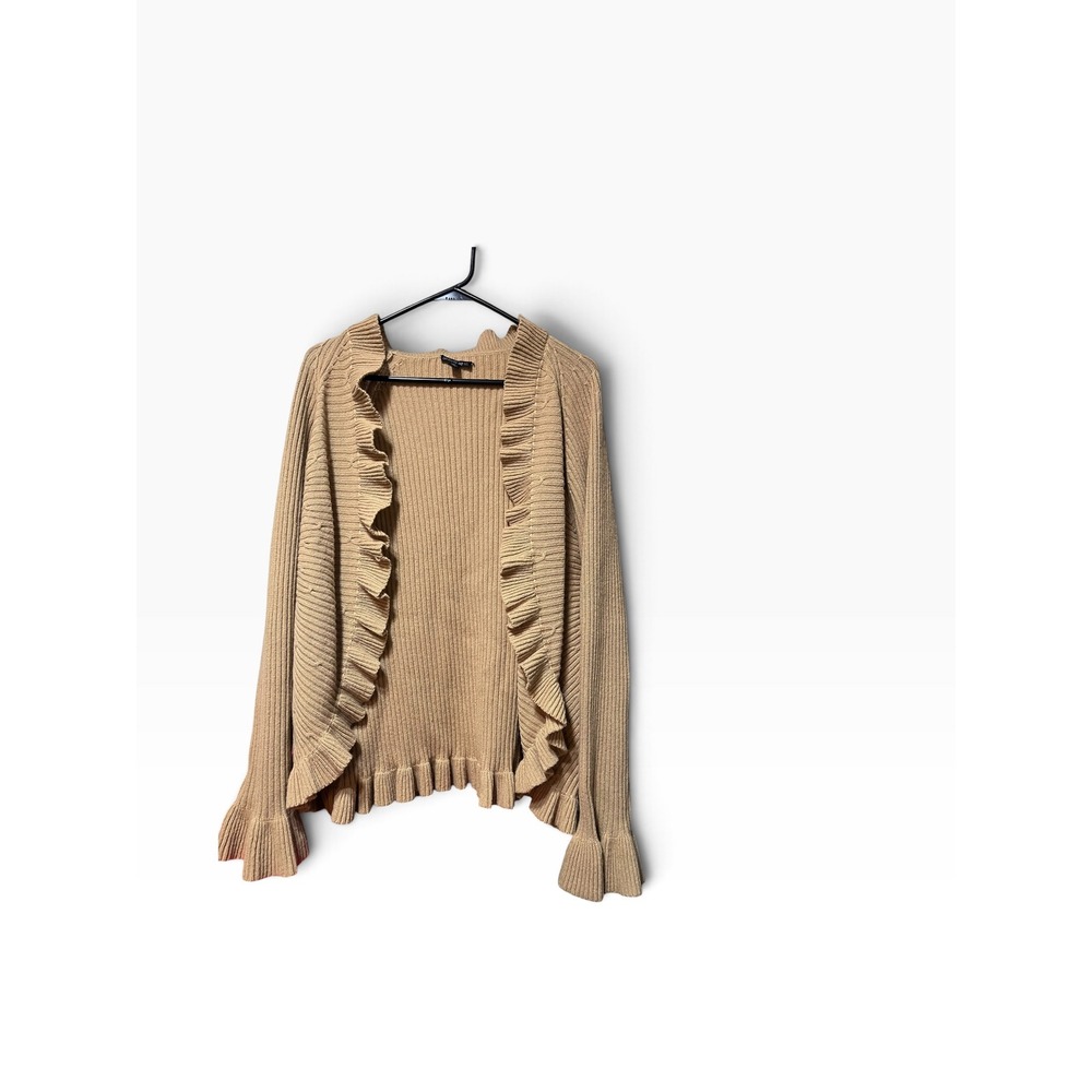 Lafayette 148 New York Wool Cashmere Ruffle Ribbed Cardigan Tan Large